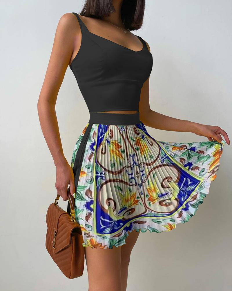 

Solid Crop Tank Top & Floral Print Pleated Skirt Set, Multicolor