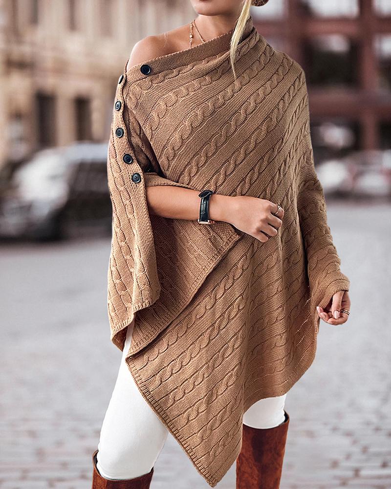 

Cable Knit Asymmetrical Poncho Sweater, Khaki