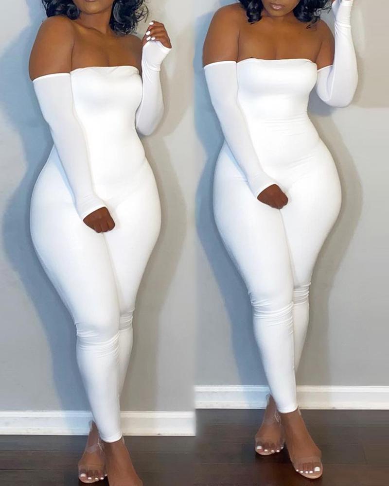 

Off Shoulder Long Sleeve Skinny Jumpsuit, White