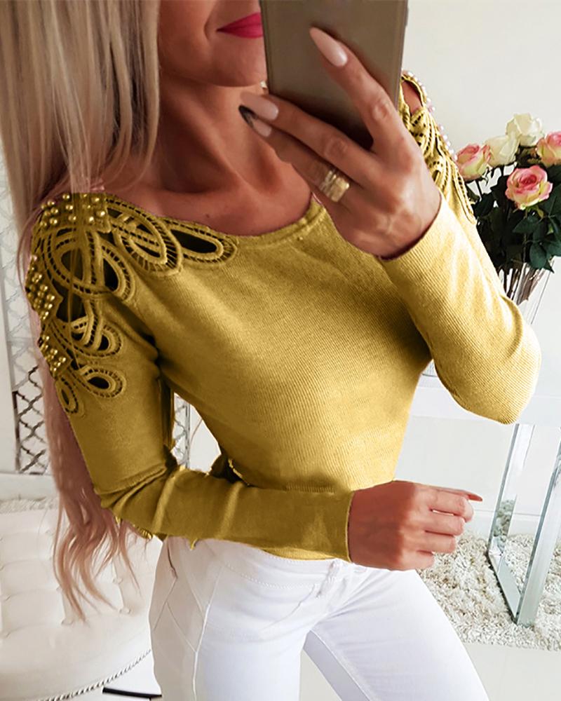 

Beaded Hollow Out Ribbed Blouse, Yellow