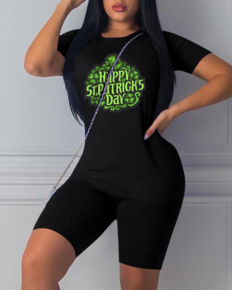 

St. Patrick's Day Lucky Shamrock Print Casual Top & Shorts Set, Black