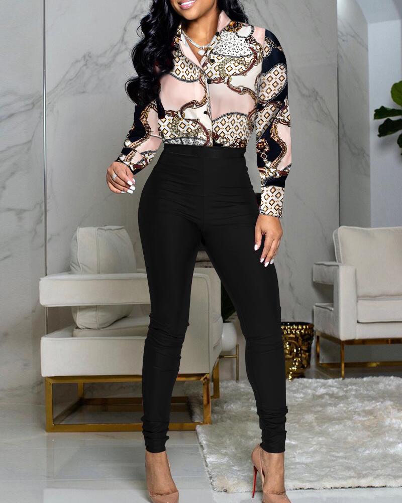 

Chain Scarf Print Shirt & High Waist Pants Set, Pink