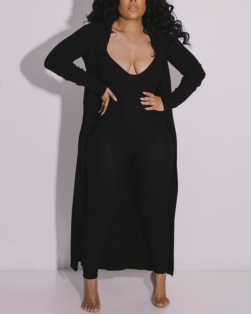

Spaghetti Strap Ribbed Jumpsuit With Longline Cardigan, Black
