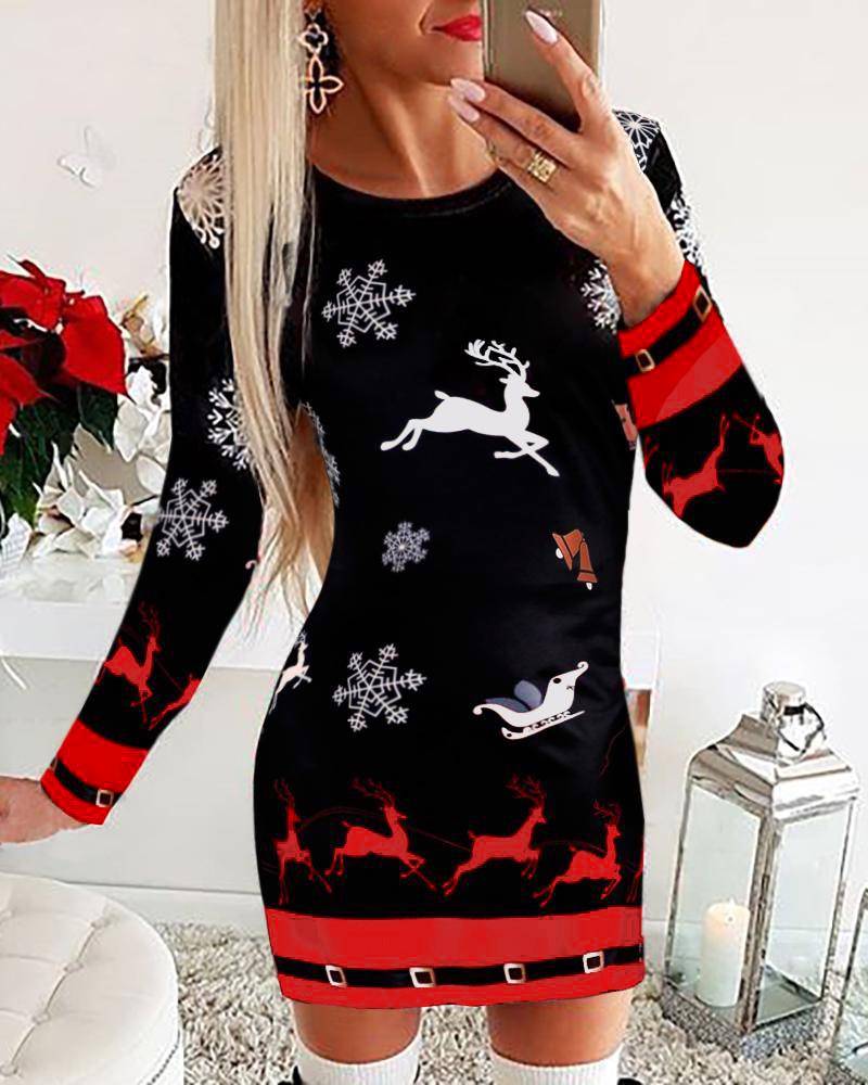 

Christmas Mixed Print Long Sleeve Dress, Black