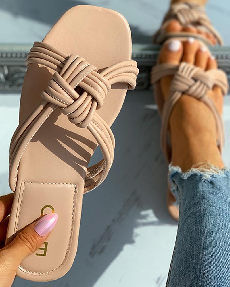 

Braided Square Toe Flat Sandals, Apricot