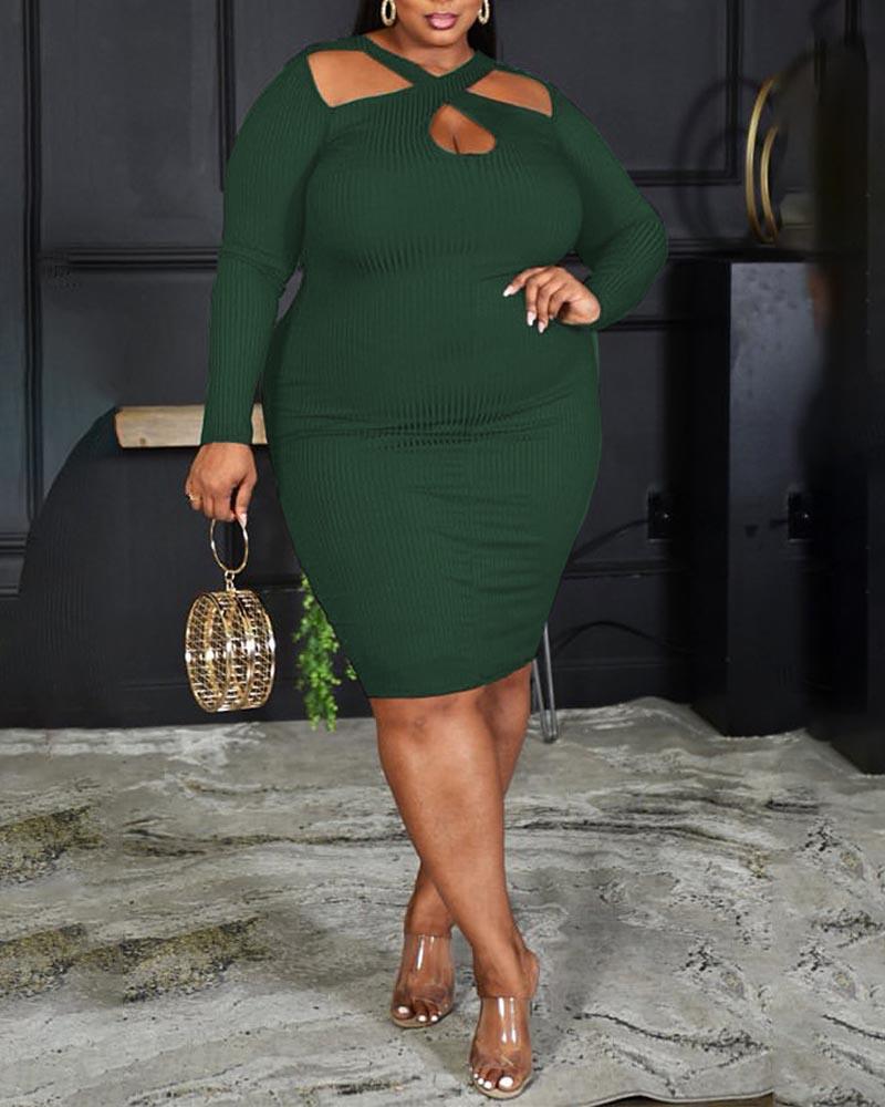 

Plus Size Crisscross Cutout Ribbed Bodycon Dress, Green