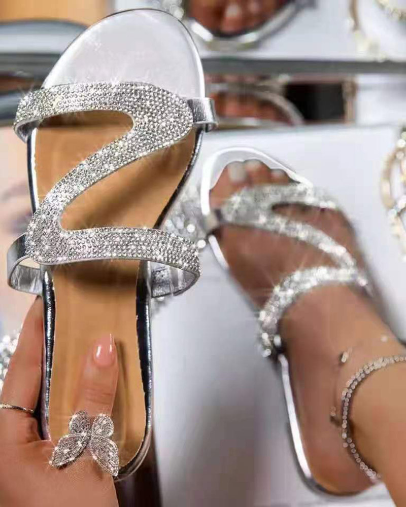 

Rhinestone Decor Round Toe Slippers, Silver