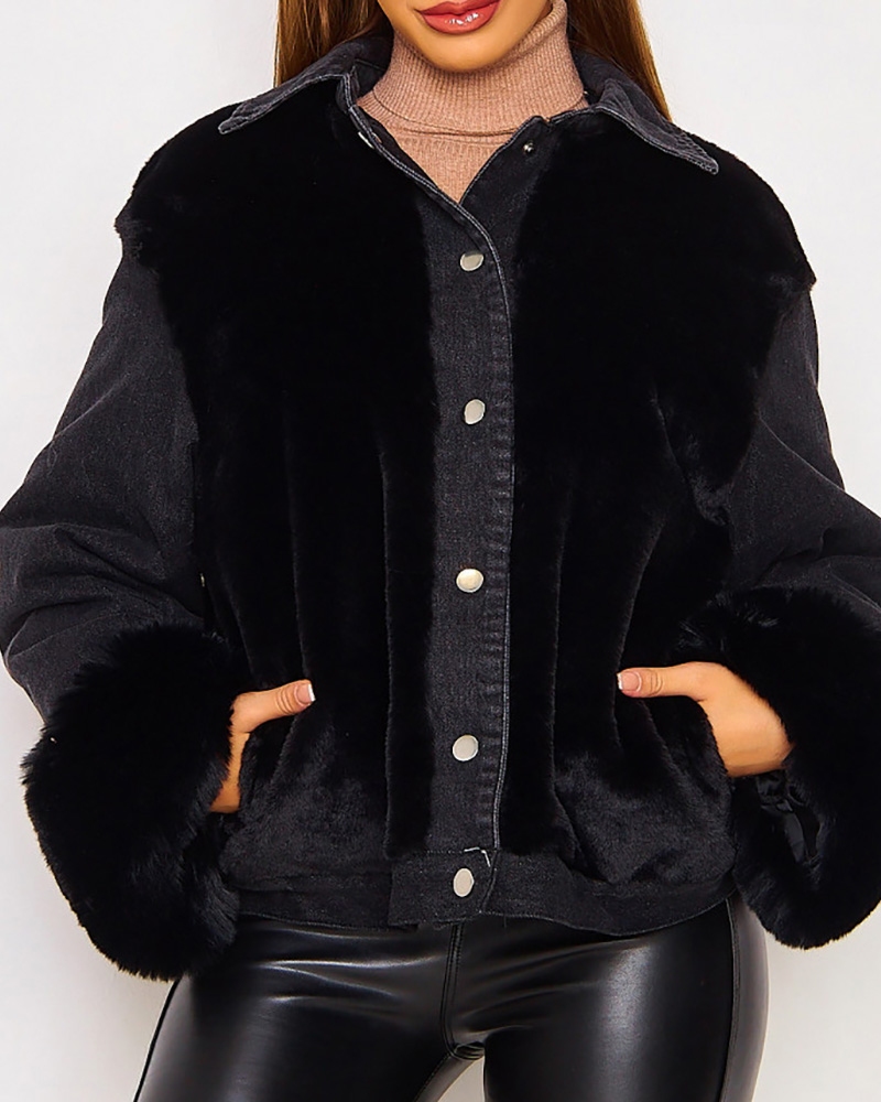 

Fluffy Button Design Long Sleeve Denim Coat, Black