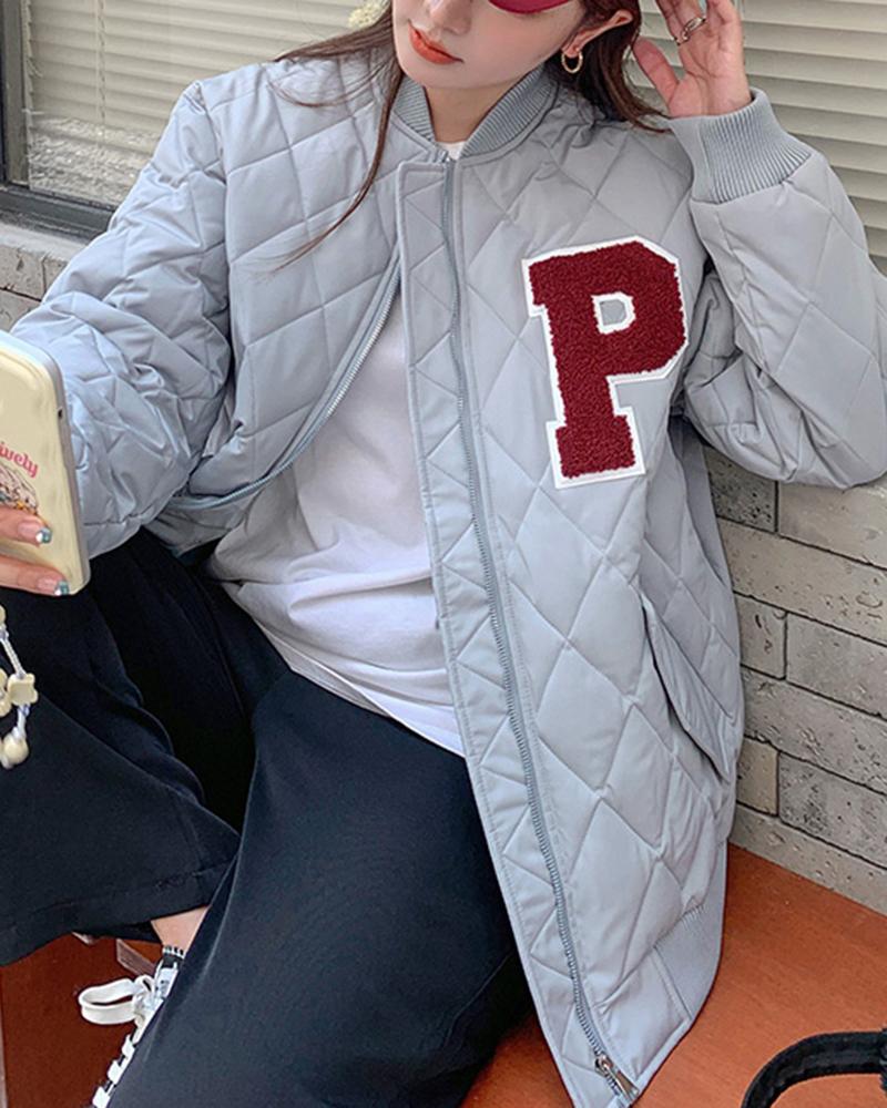 

Letter Pattern Quilted Pocket Design Puffer Coat, Gray