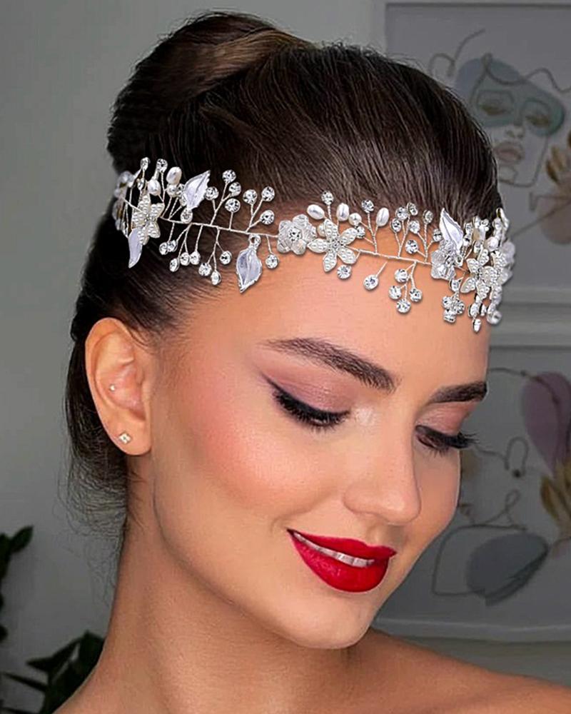 

1pc Pearls Leaf Floral Wedding Bridal Headwear, Silver