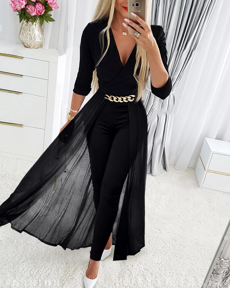 Chain Decor Sheer Mesh Overlap Long Sleeve Jumpsuit