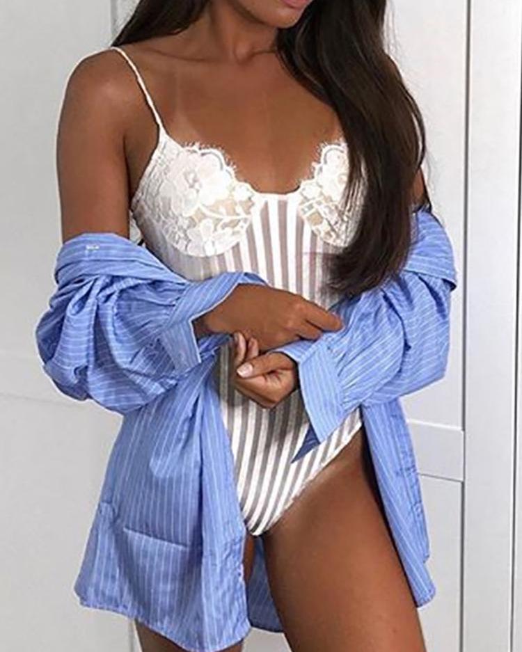 

Eyelash Lace Striped Mesh Lingerie, White