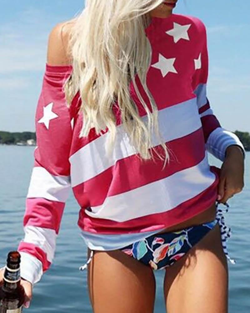 

Striped Stars Print Striped Long Sleeve Top, White