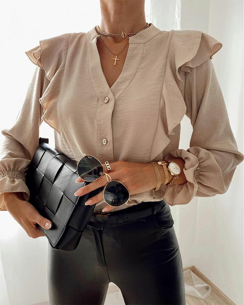 

Solid Ruffles Long Sleeve Loose Blouse, Apricot