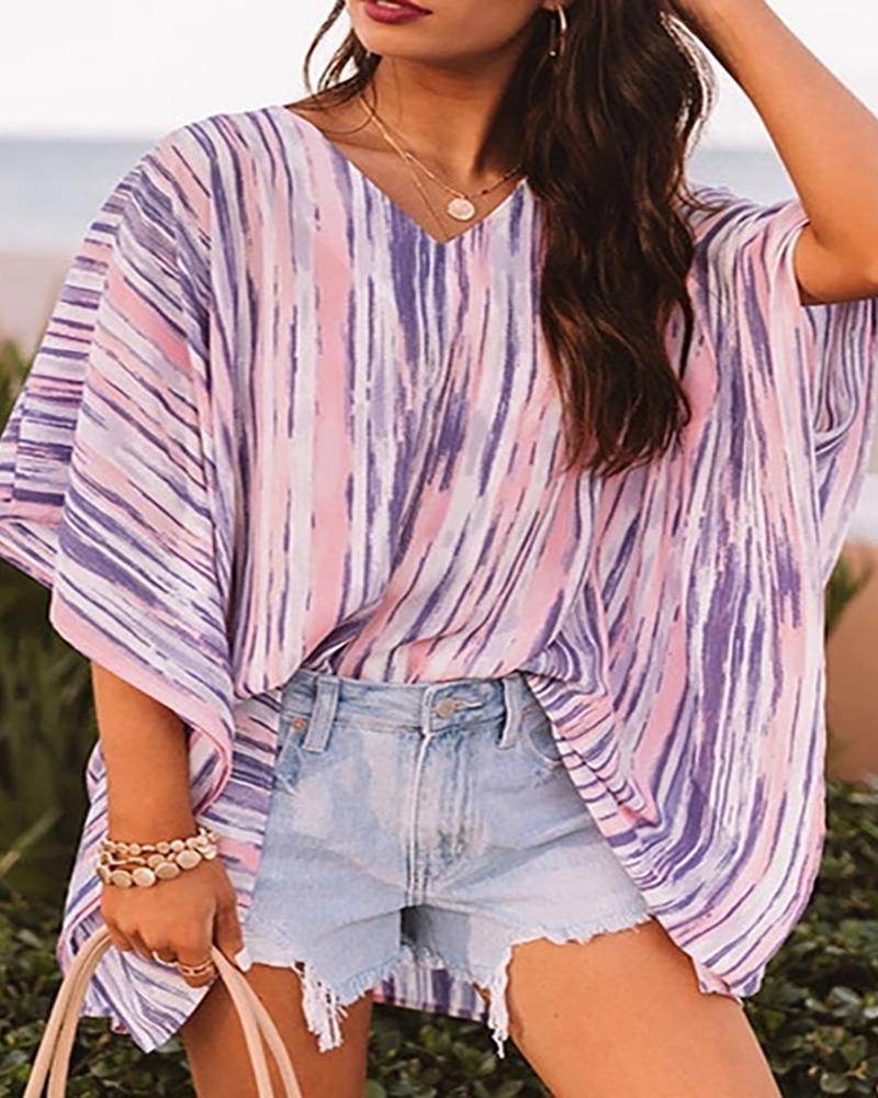 

Striped Print Colorblock V Neck Top, Pink