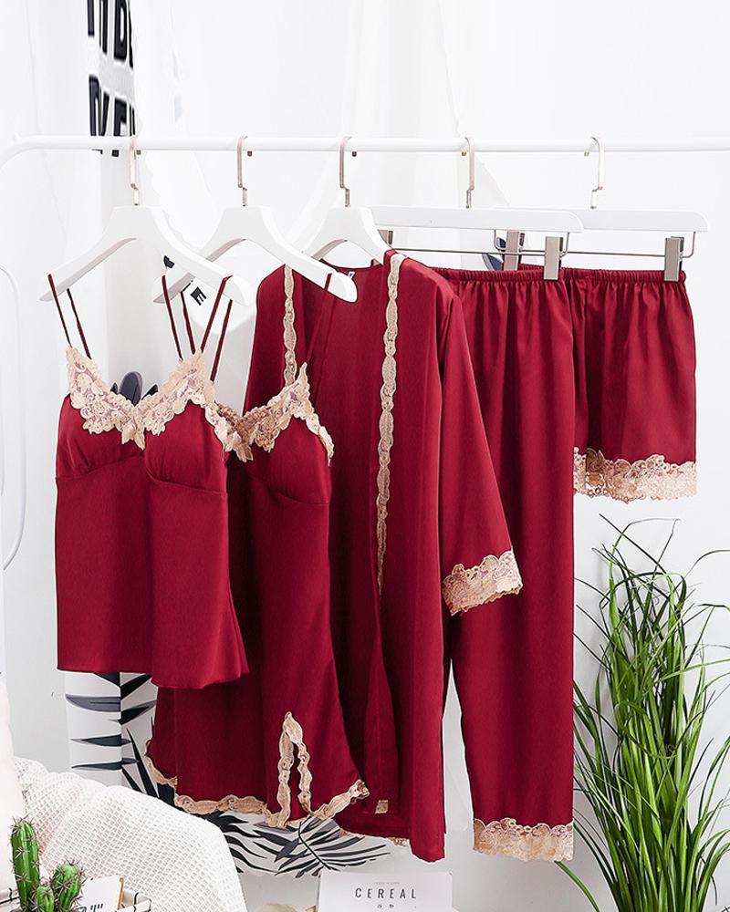 

Comfy Ice Slik Five-piece Cami Pajamas Sets, Wine red