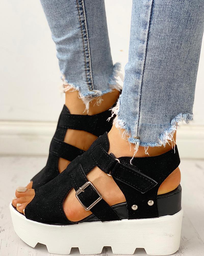 

Cutout Velcro Platform Wedge Sandals, Black