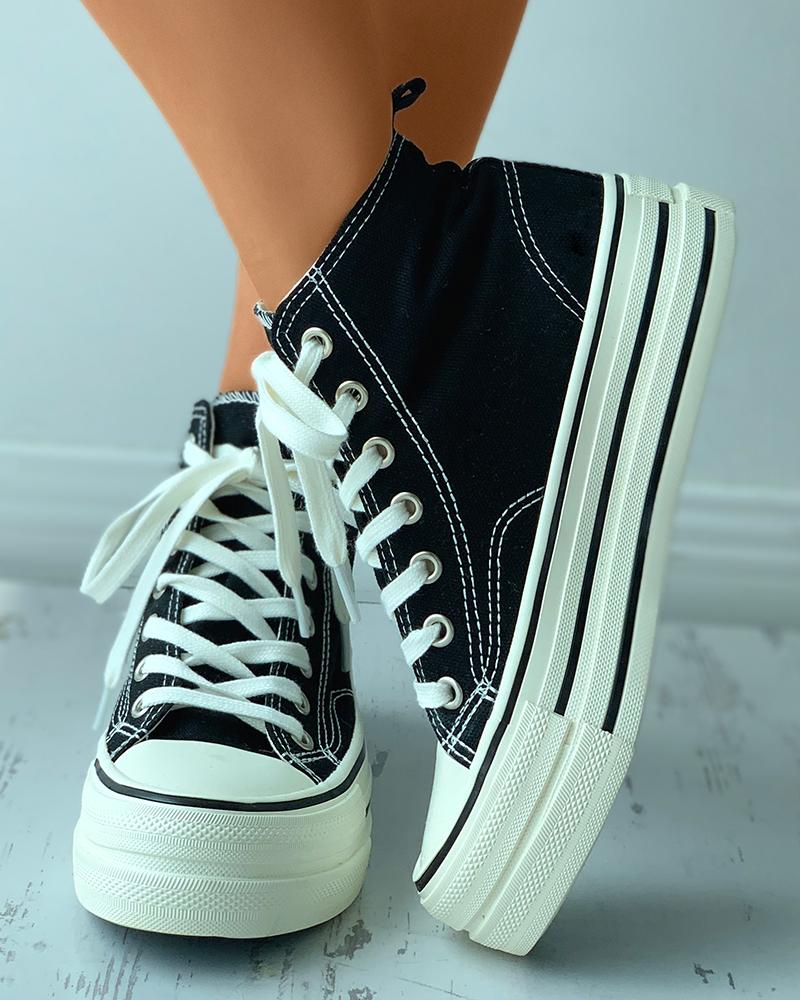 

Eyelet Lace-up Flatform Canvas Shoes, Black