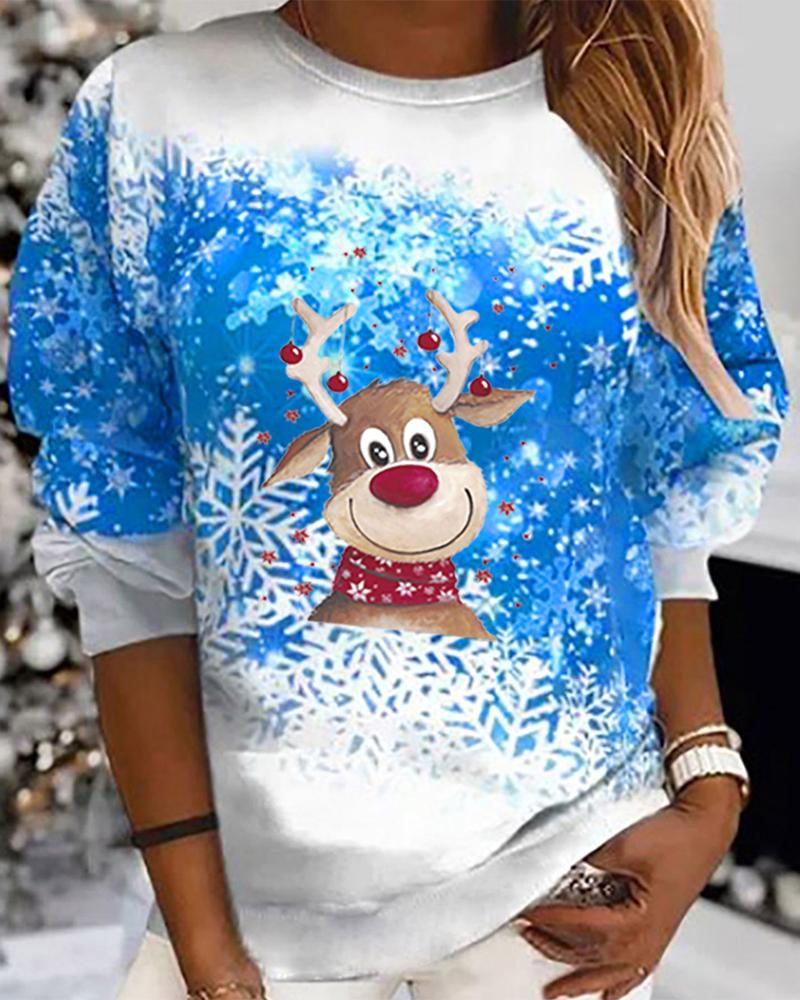 

Christmas Snowflake Elk Print Long Sleeve Top, Blue