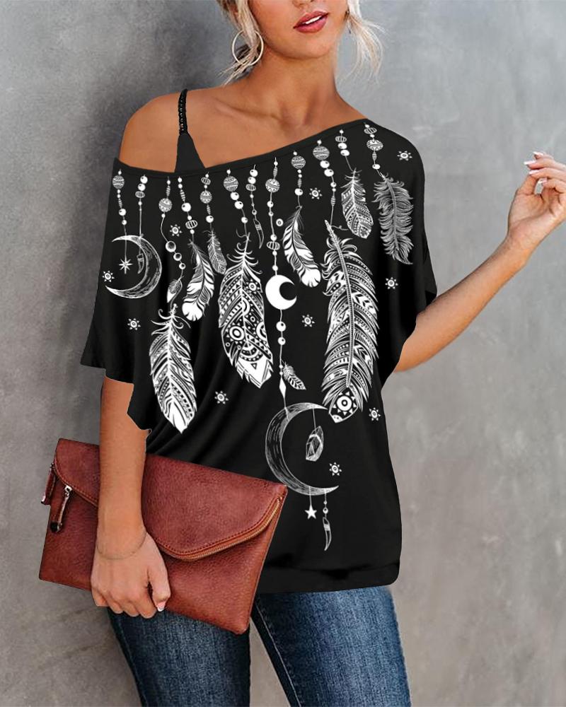 

Feather Print Slash Neck T-shirt With Tank Top, Black