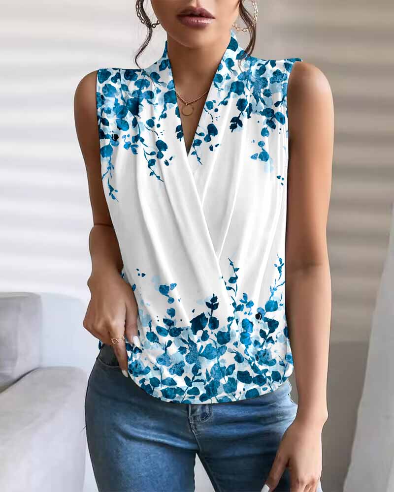 Plants Print Ruched V-Neck Wrap Top