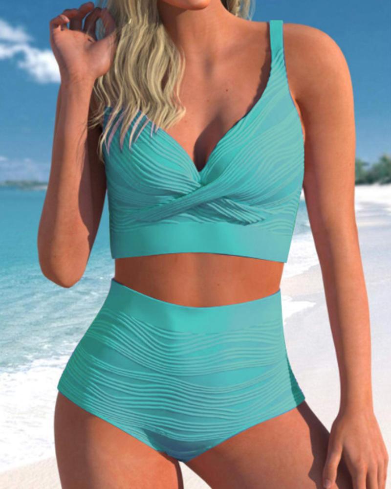 

Cross Front Ruched V-Neck Bikini Set, Lighted blue