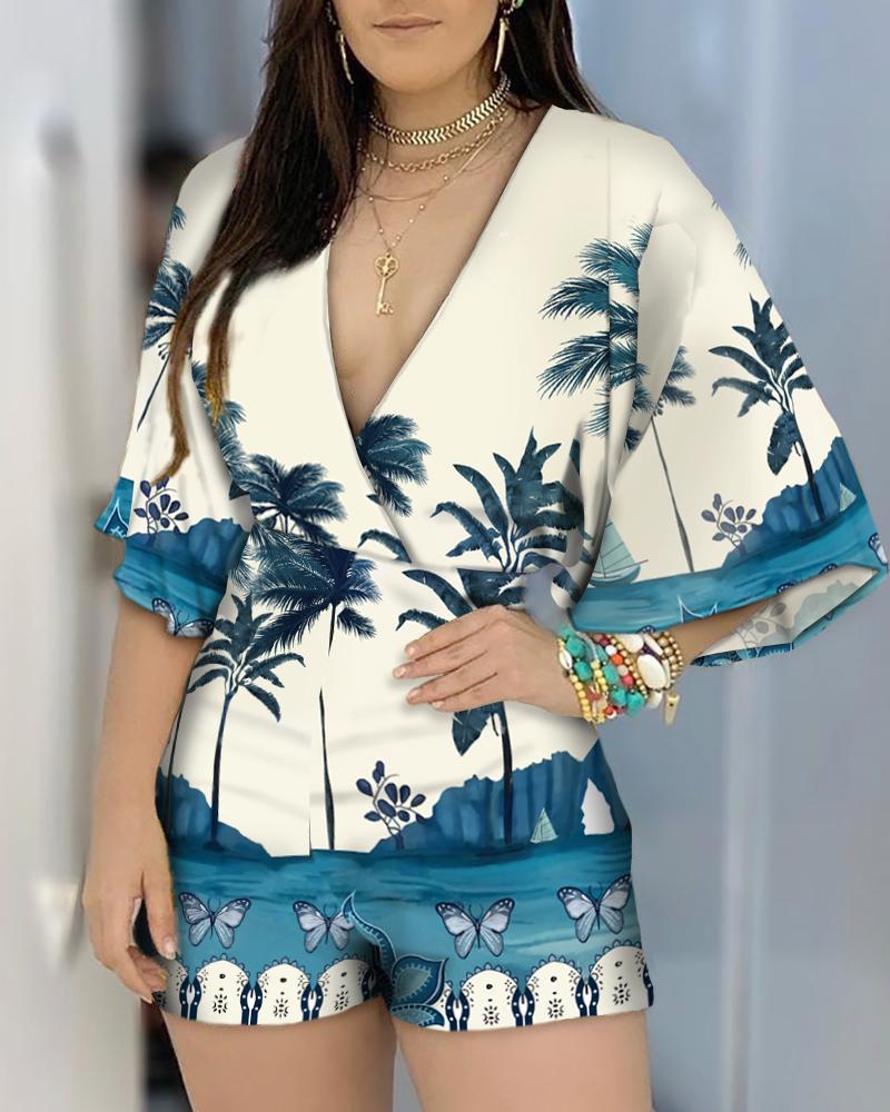 

Tropical Print Half Sleeve Casual Romper, Multicolor