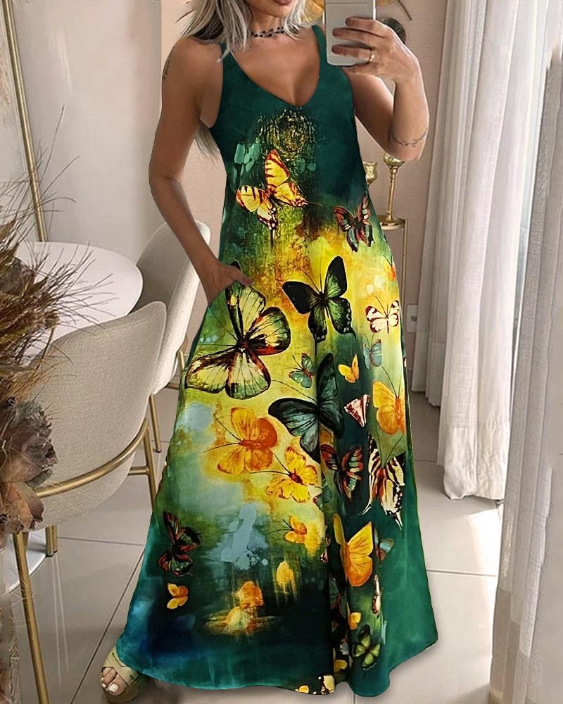 

Colorblock Butterfly Print Pocket Design Maxi Dress, Green