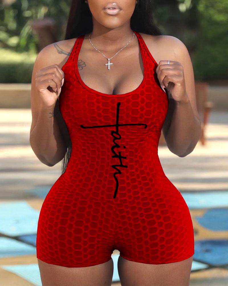 

Letter Print Textured U-Neck Active Romper, Red