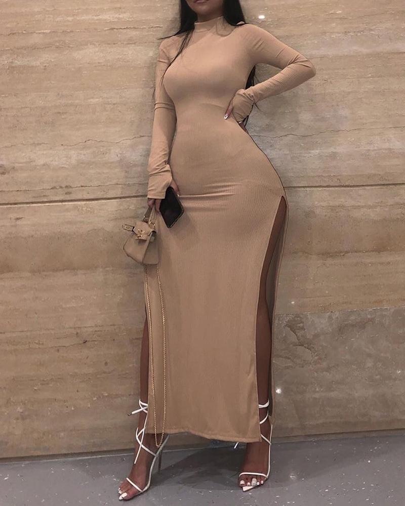 

High Slit Long Sleeve Ribbed Bodycon Dress, Khaki