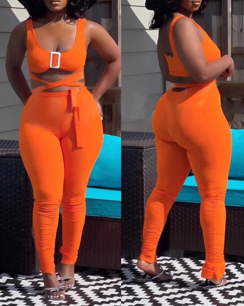 

Crisscross Tied Detail Crop Tank Top & Pants Set, Orange