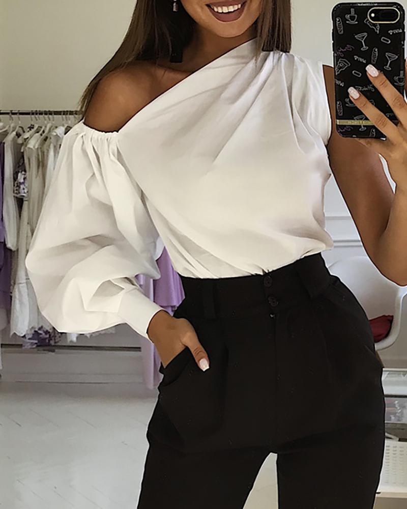 

Solid One Shoulder Lantern Sleeve Blouse, White