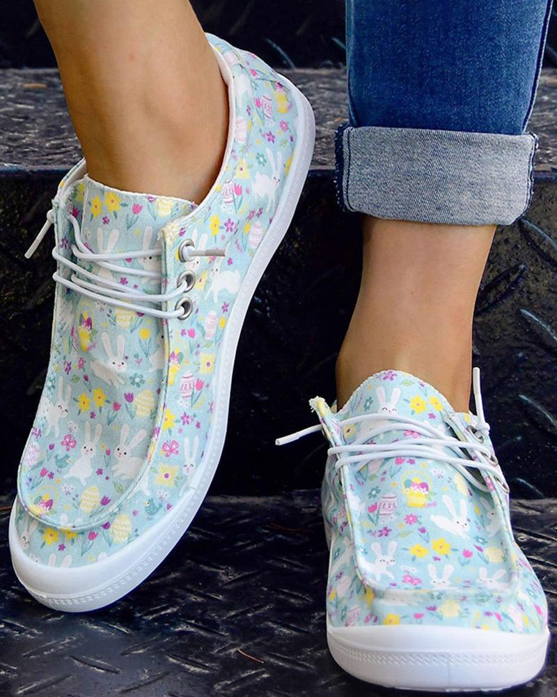 

Easter Bunny Eggs Print Lace-up Casual Loafers, Blue