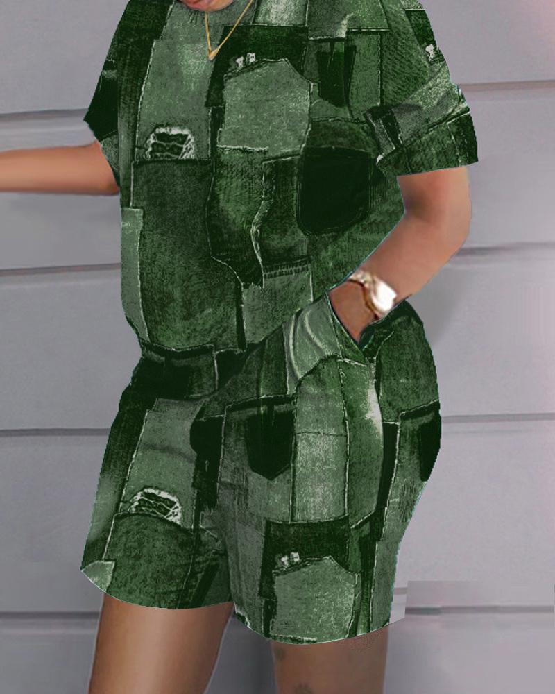 

Denim Look Print Casual Top & Shorts Set, Army green