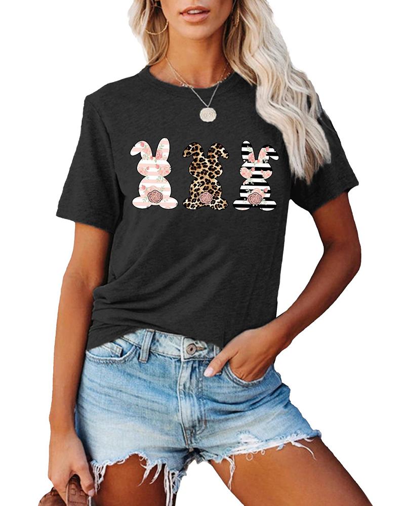 

Happy Easter Bunny Print T-shirt Holiday Graphic Tee, Black