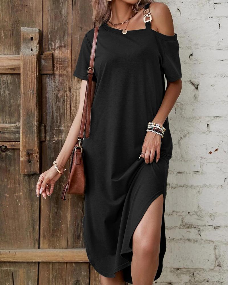

Chain Strap Slit Casual Dress, Black