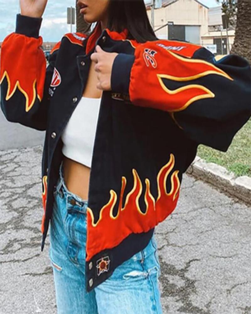 

Long Sleeve Fire Print Button Front Baseball Jacket, Black