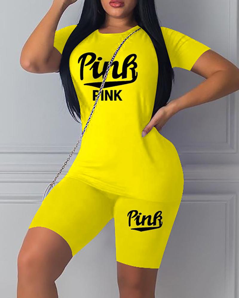 

Letter Print Short Sleeve Top & Shorts Set, Yellow