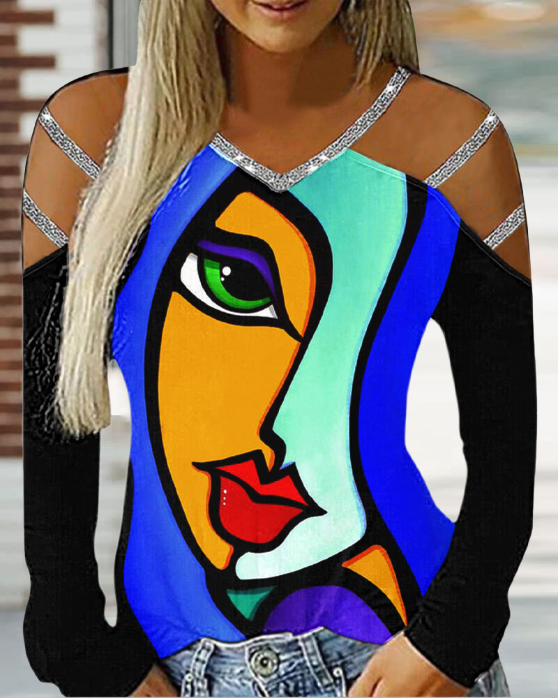 

Abstract Figure Print Cold Shoulder Top, Blue