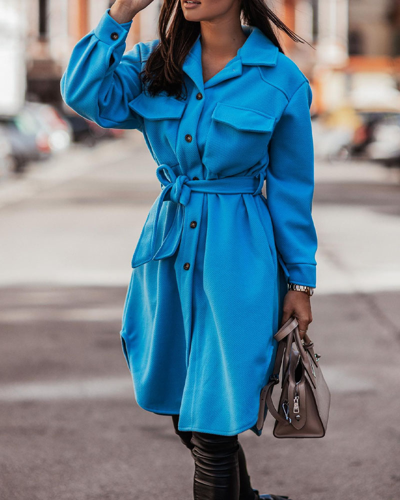 

Long Sleeve Button Front Belted Shacket, Blue