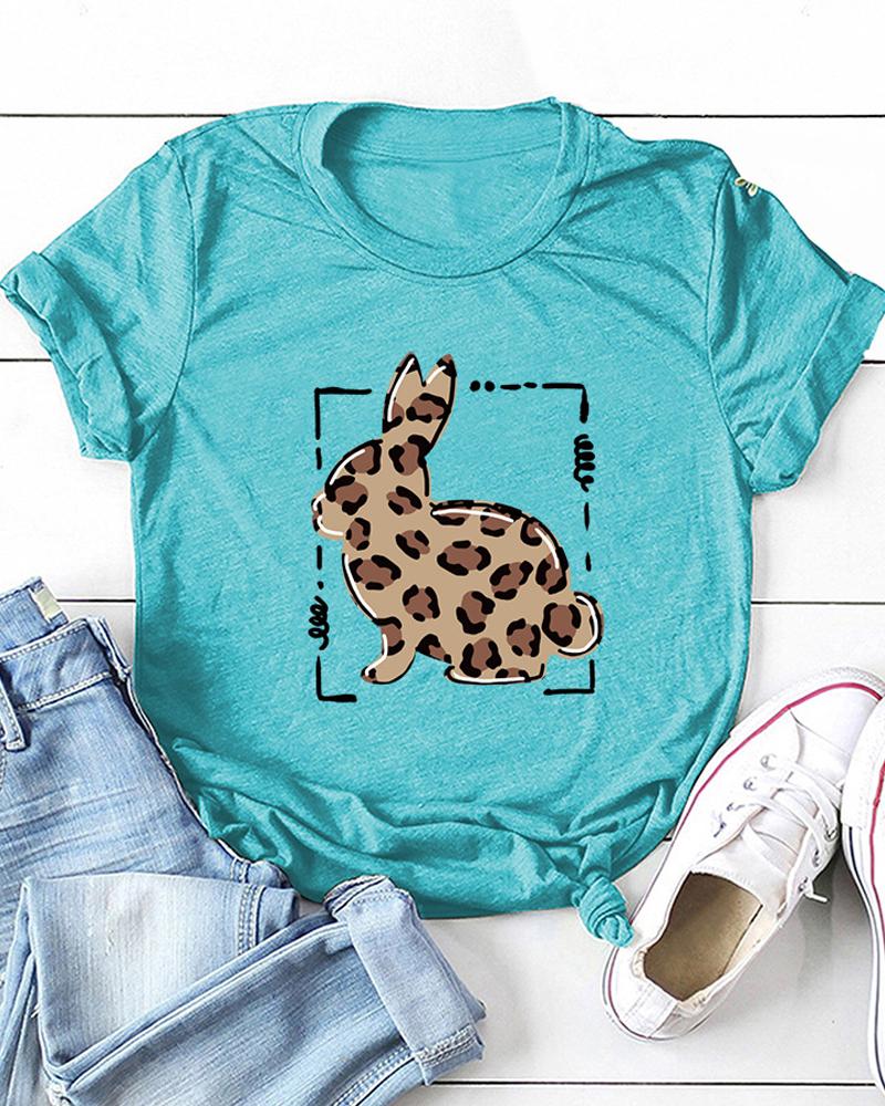 

Easter Bunny Cheetah Print Short Sleeve T-shirt, Lighted blue