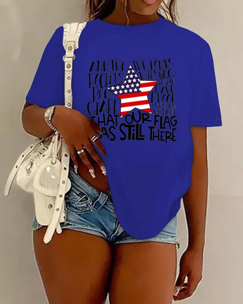 

Plus Size Independence Day Flag Star Letter Print Casual T-shirt, Blue