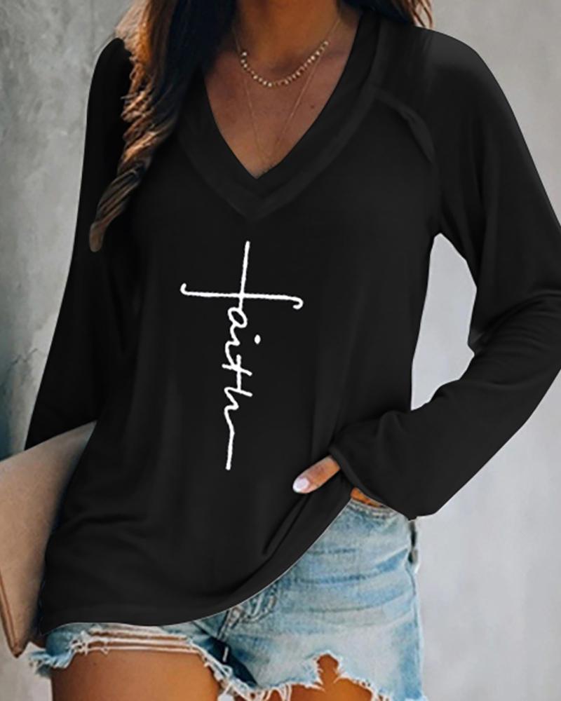 

Letter Pattern Print Long Sleeve Casual Top, Black