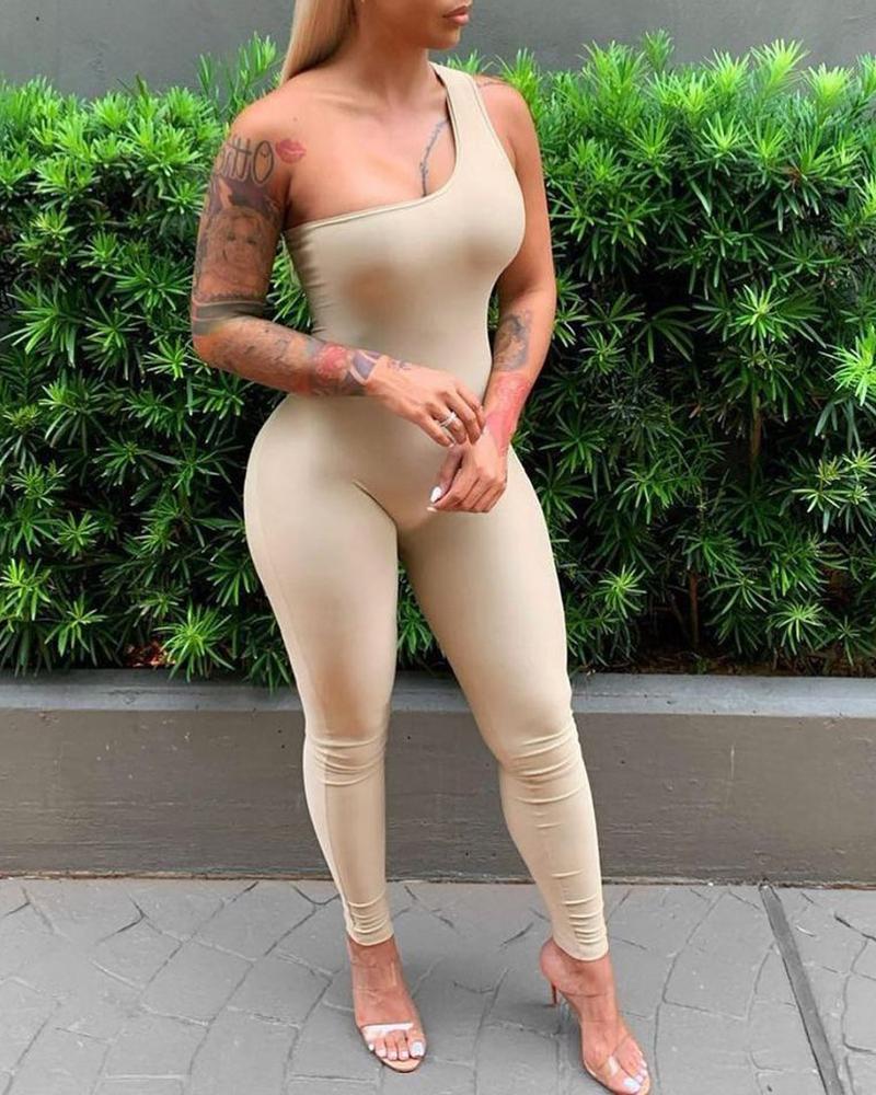 

One Shoulder Sleeveless Plain Skinny Jumpsuit, Khaki