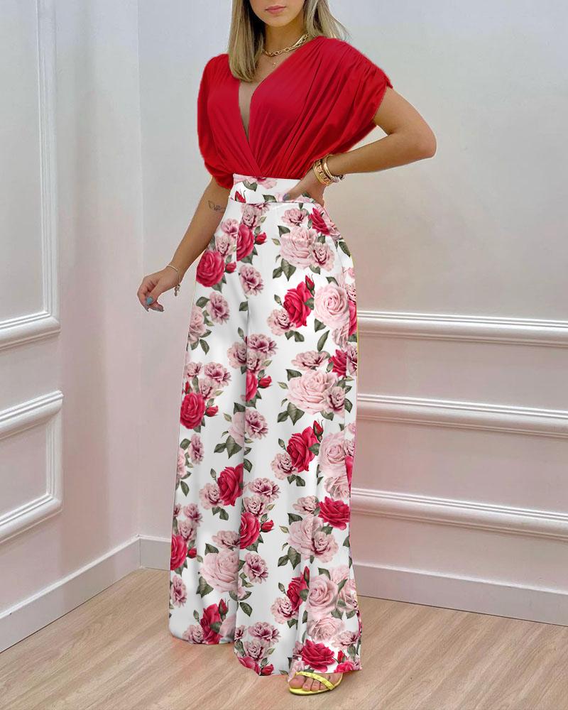 

Batwing Sleeve Wrap Top & Floral Print Wide Leg Pants Set, Red