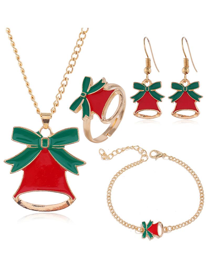 

4PCS Christmas Tree Snowflake Santa Clause Reindeer Jingle Bell Necklace & Earrings & Ring & Bracelet Jewelry Set, Style1