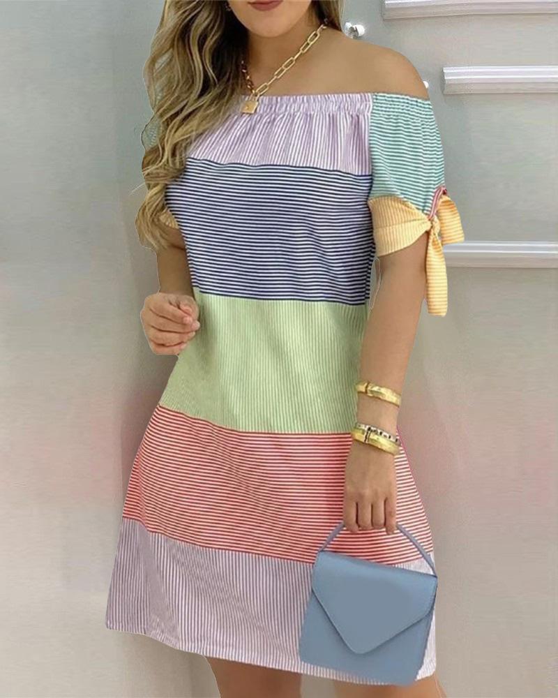 

Plus Size Colorblock Striped Print Off Shoulder Casual Dress, Green