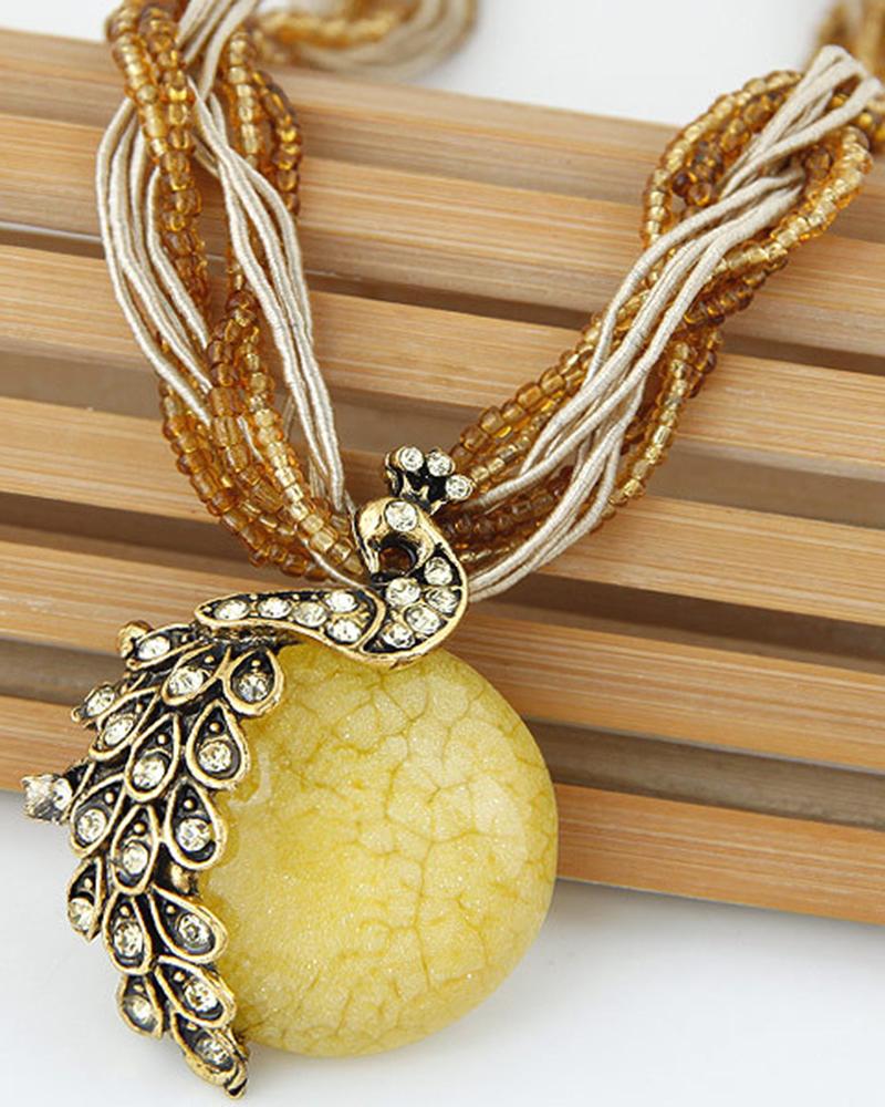 

1pc Peacock Pattern Gem Stone Braided Pendant Necklace, Yellow