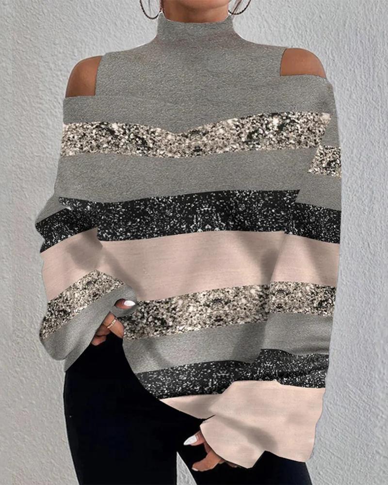

Cold Shoulder Contrast Paneled Lantern Sleeve Top, Pink