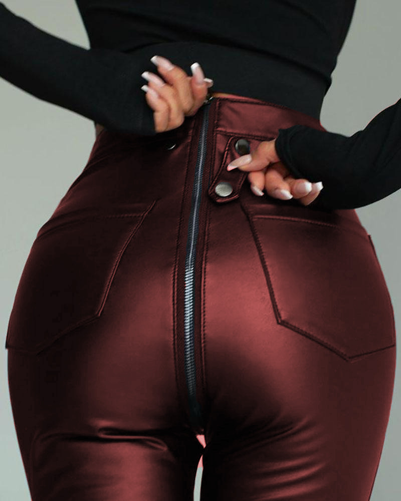 

PU Leather Zipper Pocket Design Skinny Pants, Wine red